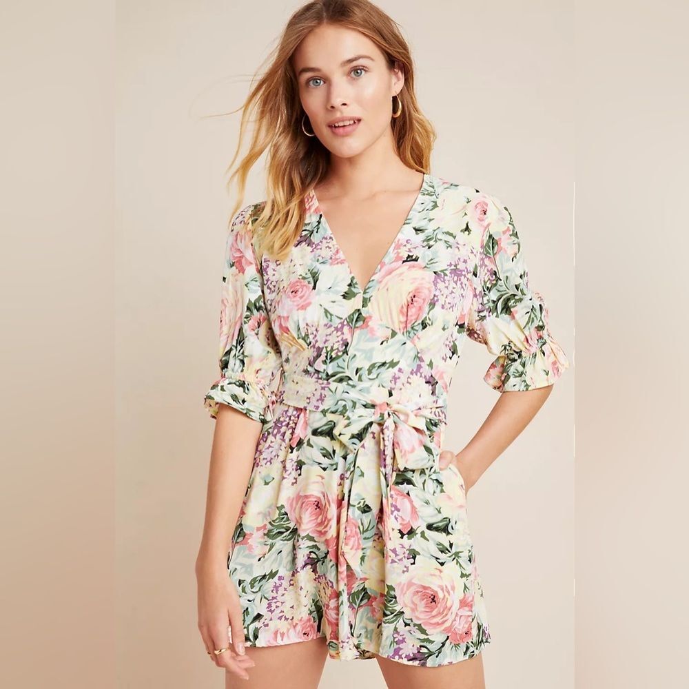 Anthropologie Faithful the Brand Ana Romper in yellow/pink floral Sz S Rayon
